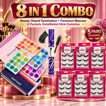 8 in 1 Combo (Beauty Glazed Eyeshadow + Ferrarucci Mascara + 6 Packet (5 Pair) Golamarket Mink Eyelashes)