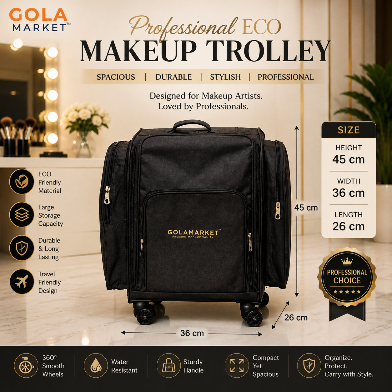 GolaMarket Professional ECO Makeup Trolley with 5 Pouch (45cmX36cmX25cm)