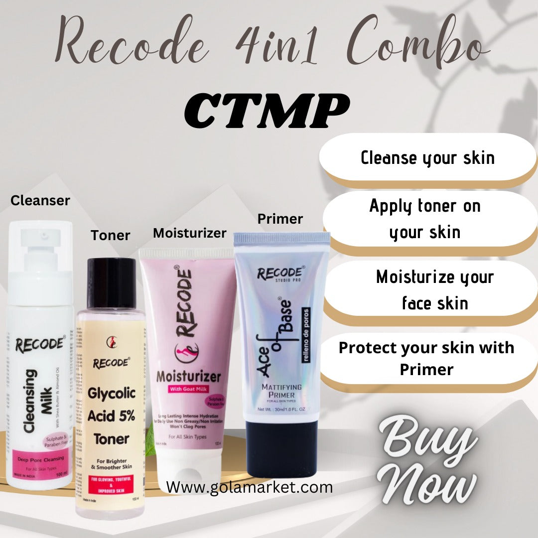 Recode CTMP (4 in 1 combo) Recode Makeup Primer + Recode 5% Glycolic Toner + Recode Moisturizer With Goat Milk + Recode Cleansing Milk